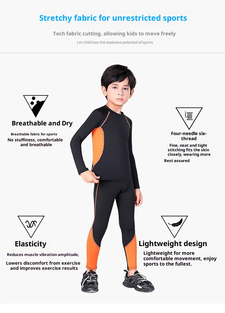 Conjunto de treino infantil de compressão Warrior 001 para outono e inverno, ideal para basquetebol e futebol. Secagem rápida._voghion.com
