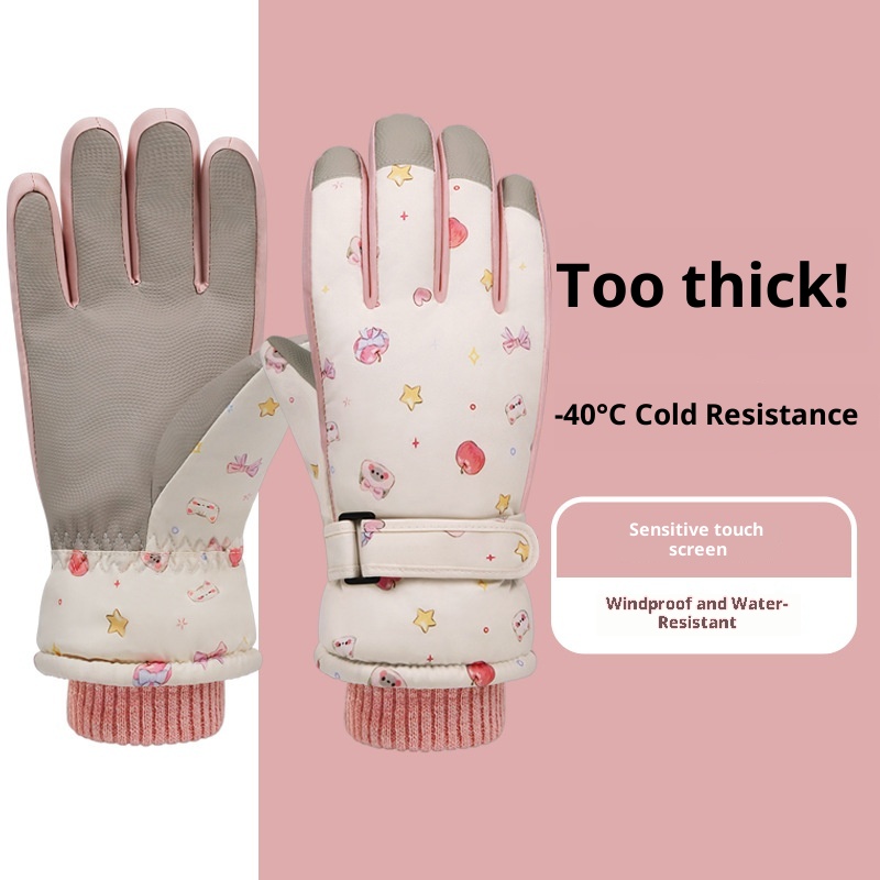 ActiveGo Cute Cat Ski Gloves For Women Winter Split Finger Outdoor Riding Windproof Waterproof Coldproof Fleece Lined Thickened_voghion.com