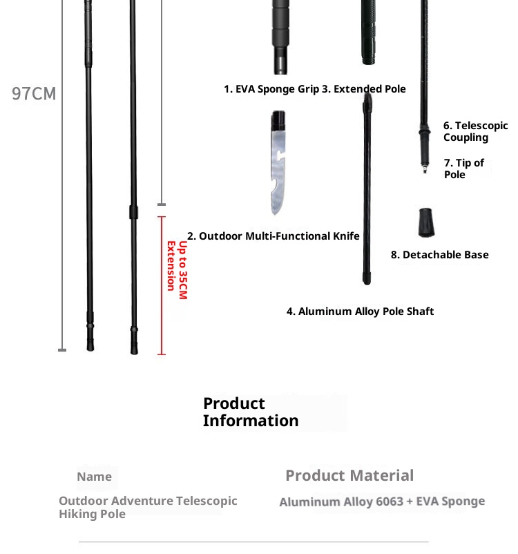 001 Bastone da trekking pieghevole in lega di alluminio leggero telescopico per esterni, antiscivolo_voghion.com
