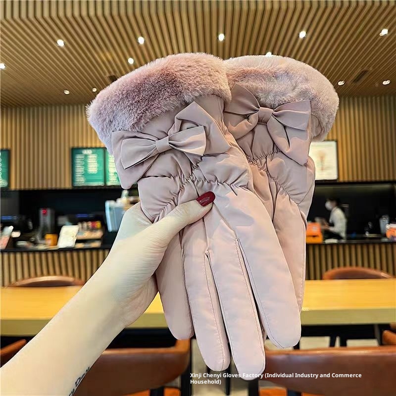 001 Women's Gloves For Cycling, Windproof, Waterproof, Touchscreen, Fleece-lined, Thickened, Electric Bike, Bowknot, Winter_voghion.com