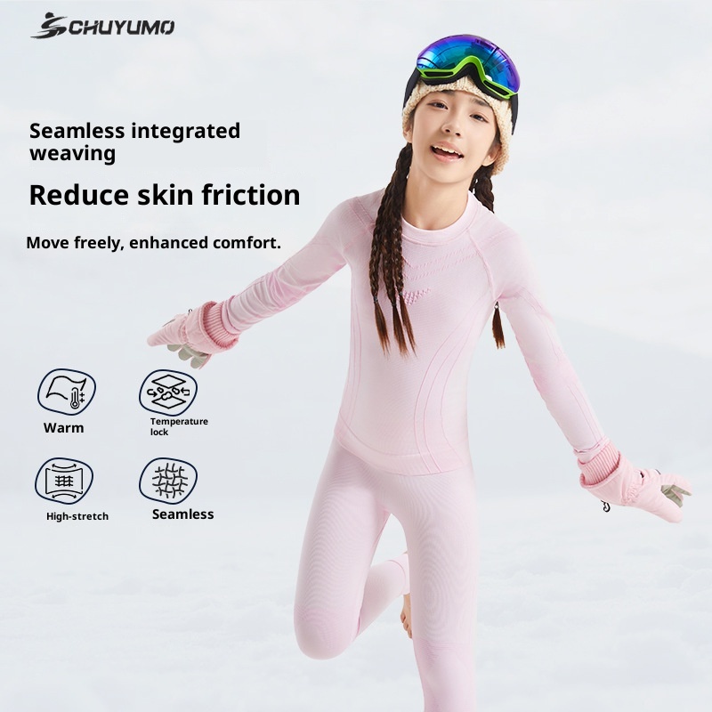 Ropa de esquí de secado rápido 001 para niños y niñas, mismo estilo, capa base térmica de punto sin costuras para actividades al aire libre._voghion.com