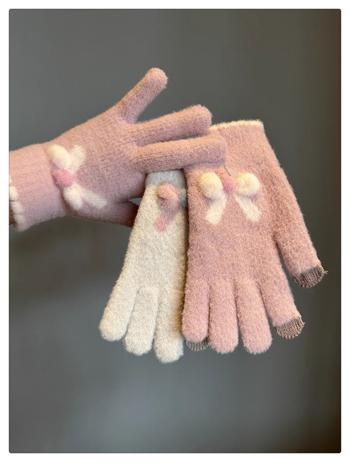 001 Frostschutz-Handschuhe für Damen, Winter, Fleece-gefüttert, warm, Touchscreen-fähig, fingerlos, Fahrradhandschuhe, gestrickt, Schleife, Plüsch, Seeblau_voghion.com