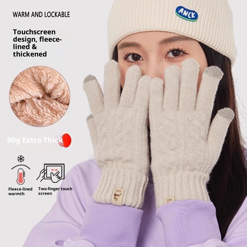 001 Solid Color Winter Outdoor Sports Skiing Cycling Knitted Wool Cold-Proof Warm Fingered Gloves_voghion.com