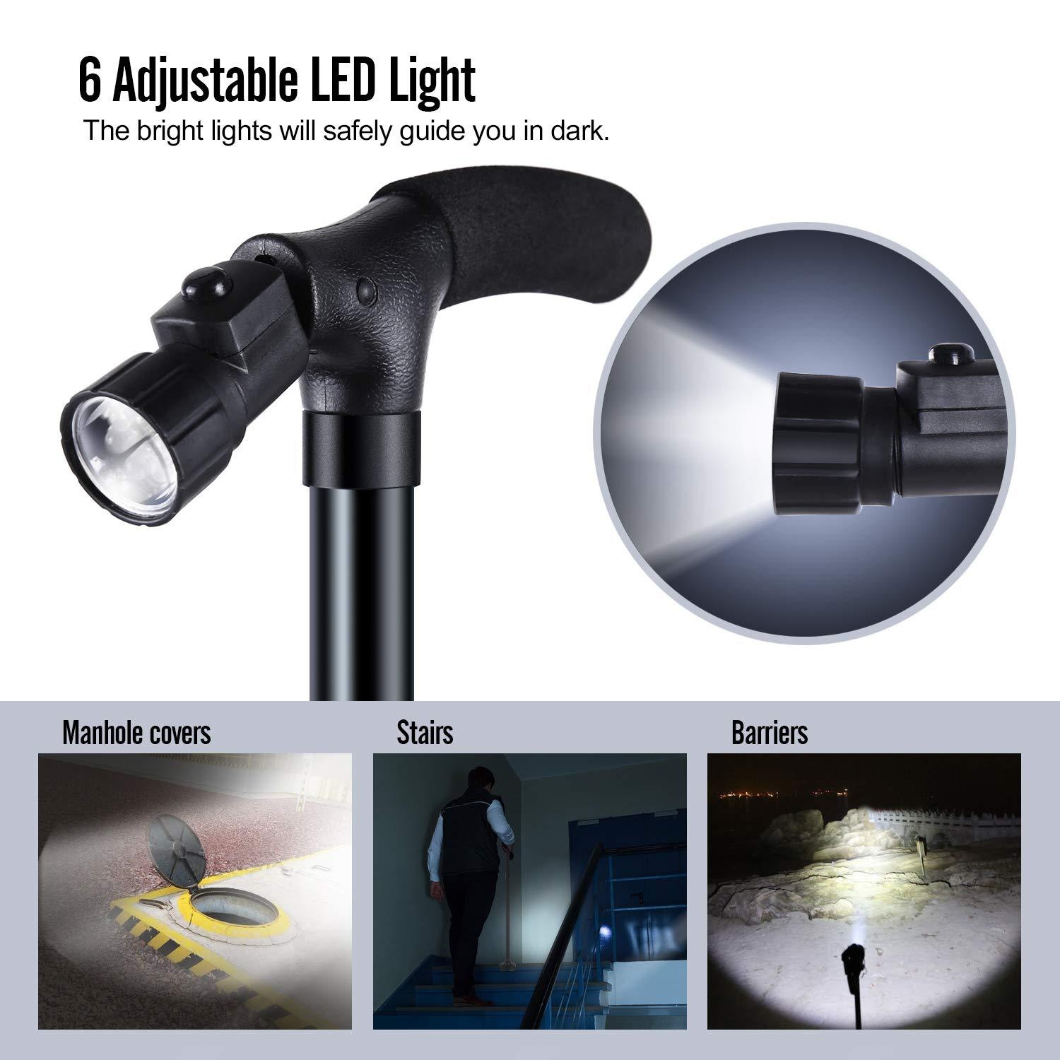 001 Bastone da passeggio pieghevole in lega di alluminio con luce per anziani, robusto bastone da passeggio a quattro angoli,_voghion.com