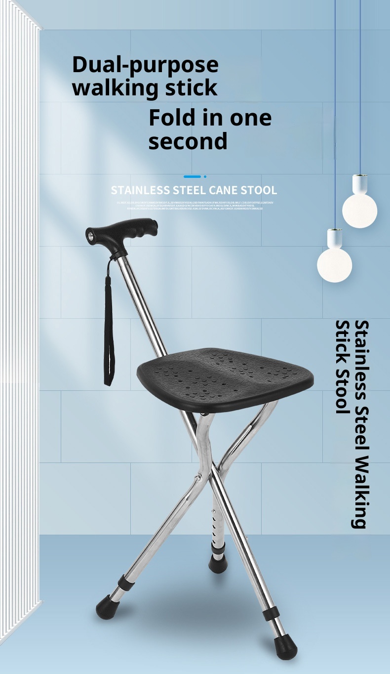 001 Bastone da passeggio portatile per anziani, multifunzionale, con seduta allargata, sgabello in canna, illuminazione in acciaio inossidabile ispessito_voghion.com
