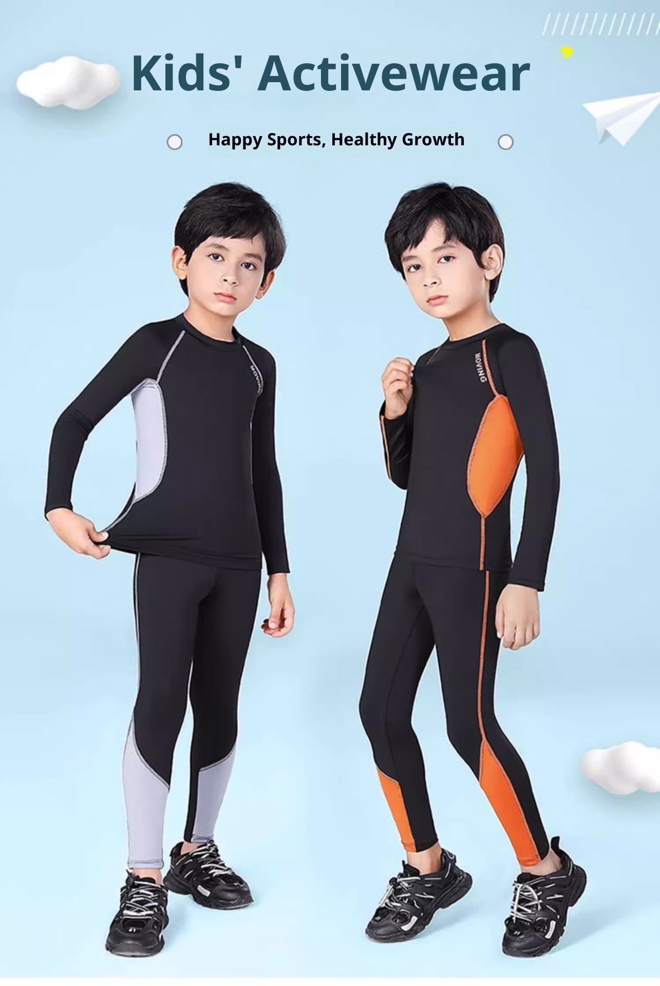 Conjunto de treino infantil de compressão Warrior 001 para outono e inverno, ideal para basquetebol e futebol. Secagem rápida._voghion.com