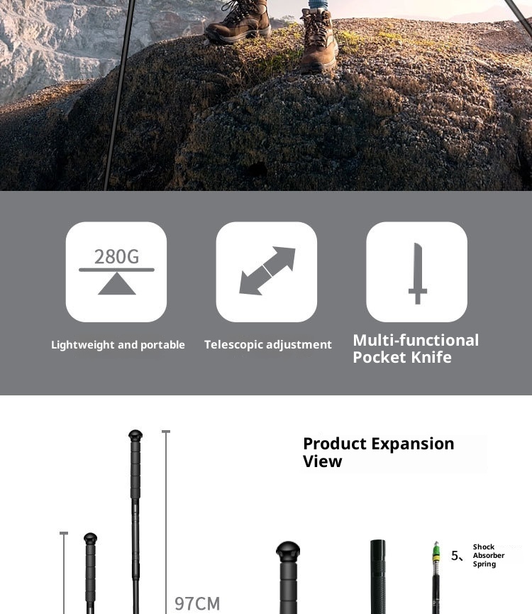 001 Bastone da trekking pieghevole in lega di alluminio leggero telescopico per esterni, antiscivolo_voghion.com