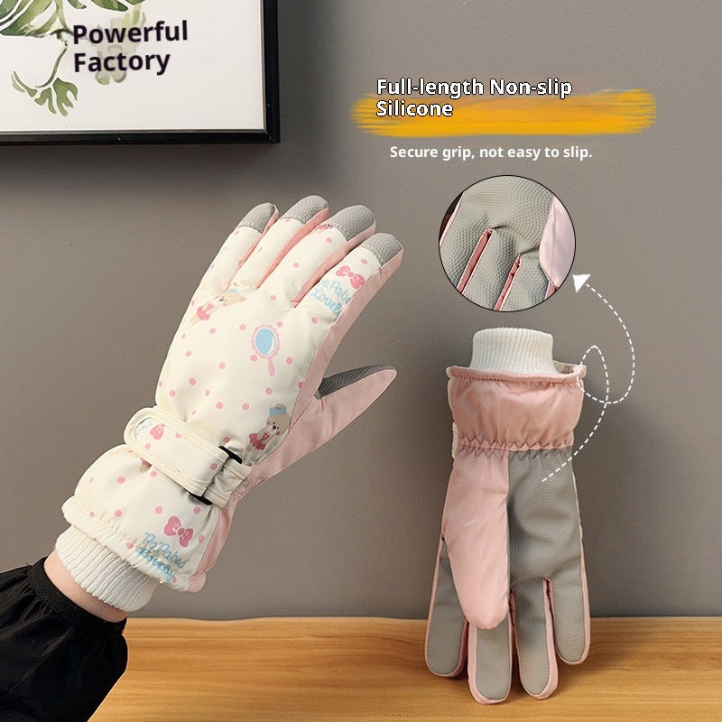 001 Warm Cute Bear Ski Gloves For Women Winter Outdoor Cycling Windproof Coldproof Fleece Lined Thickened Free Shipping_voghion.com