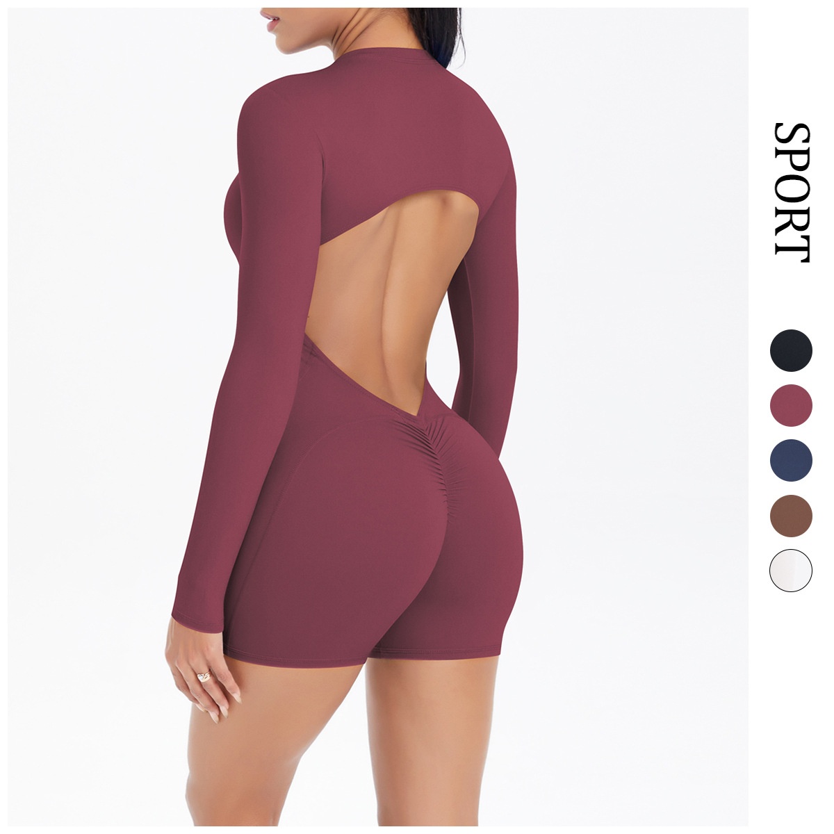 001 European And American Style Hollow Out Back Half-Zip Peach Hip Lift Sports Fitness Barely-There Quick-Dry One-Piece Yoga_voghion.com