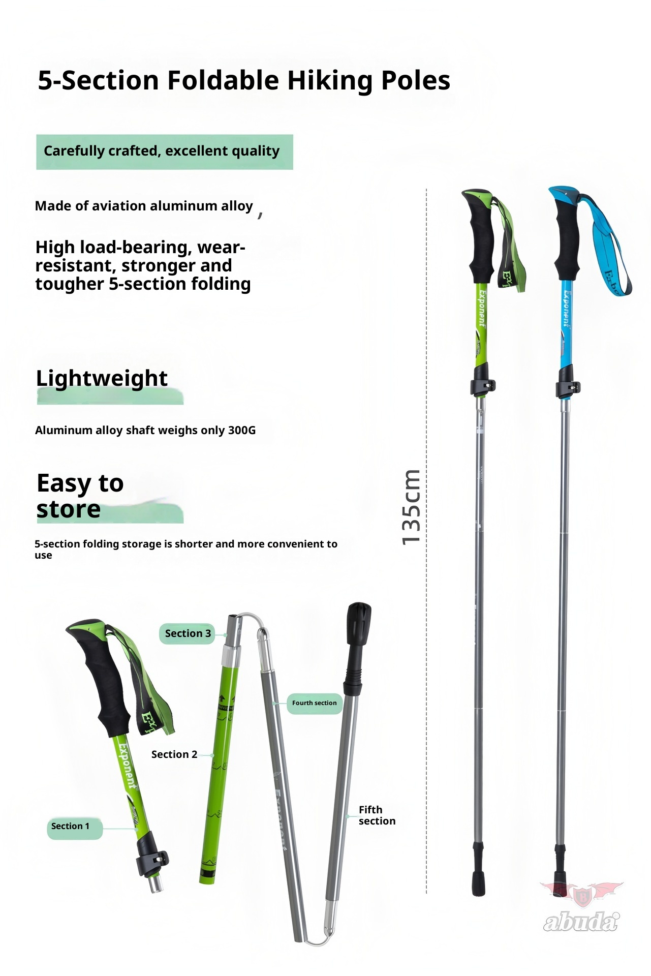 001 Cross-Border Sports Off-Road Five-Section Retractable Aluminum Alloy Folding Trekking Pole Professional Outdoor Hiking_voghion.com