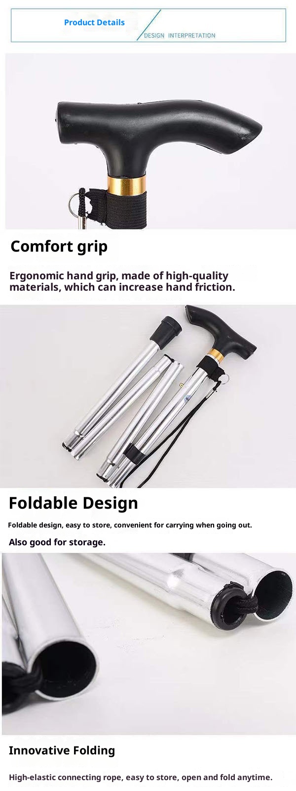 001 Bastone da passeggio per anziani, telescopico, pieghevole, portatile, da arrampicata, da trekking, antiscivolo, in lega di alluminio, con manico curvo_voghion.com