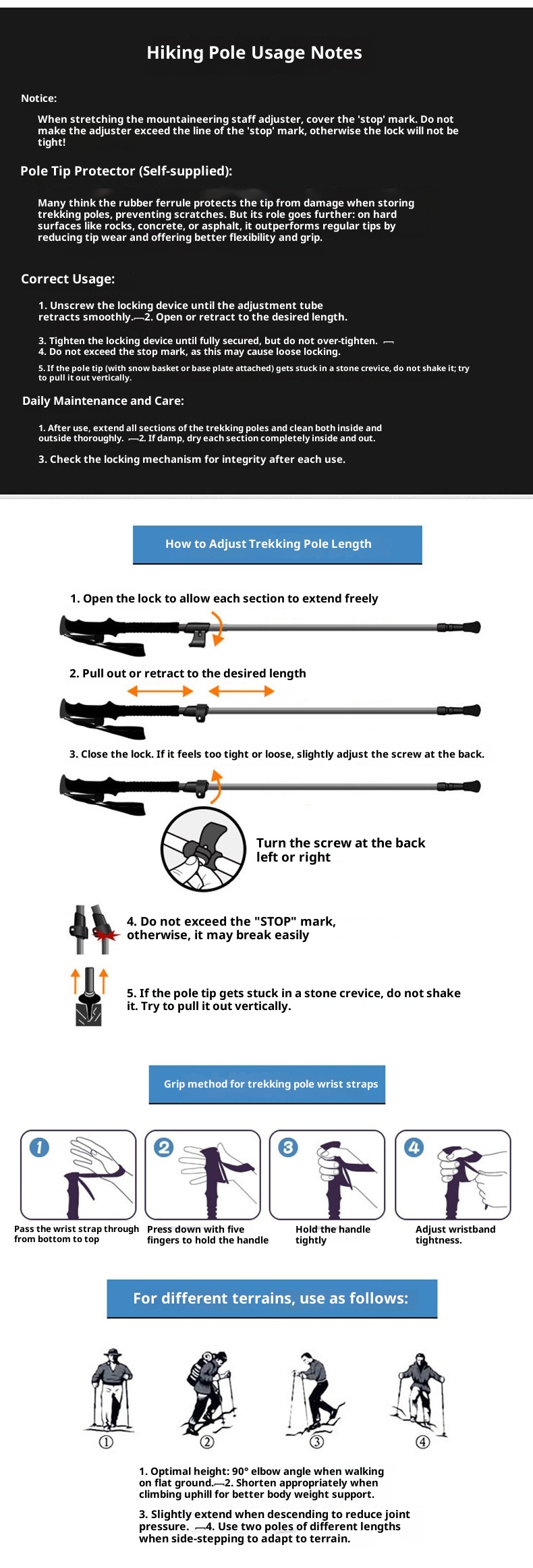 001 Bastone da passeggio per escursioni all'aperto e viaggi, personalizzato, in lega di alluminio leggera, con impugnatura a T, ammortizzante, a quattro sezioni_voghion.com