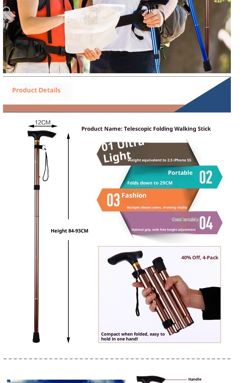 001 Anti-Slip Folding Trekking Pole Elderly 4-Section Walking Stick Telescopic Aluminum Alloy Cane Wholesale Hot Sale_voghion.com