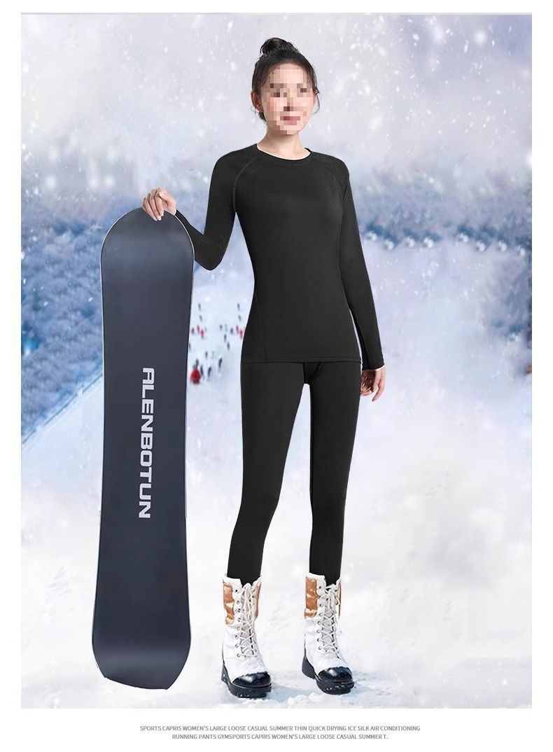 001 Quick-Dry Women's Ski Thermal Underwear Winter Fleece Outdoor Hiking Base Layer Long Sleeve Running Sports Set_voghion.com