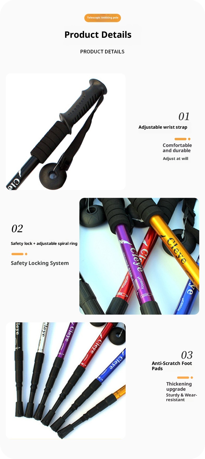 001 6061 Aviation Aluminum Alloy Cleye Outdoor Hiking Telescopic Trekking Pole Walking Stick Crutch Four Section Straight_voghion.com