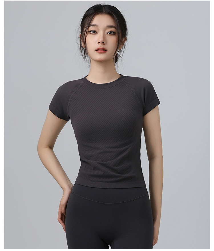 001 Maglietta sportiva da donna, attillata, dimagrante, a maniche corte, con scollo rotondo, traspirante, per corsa e pilates_voghion.com