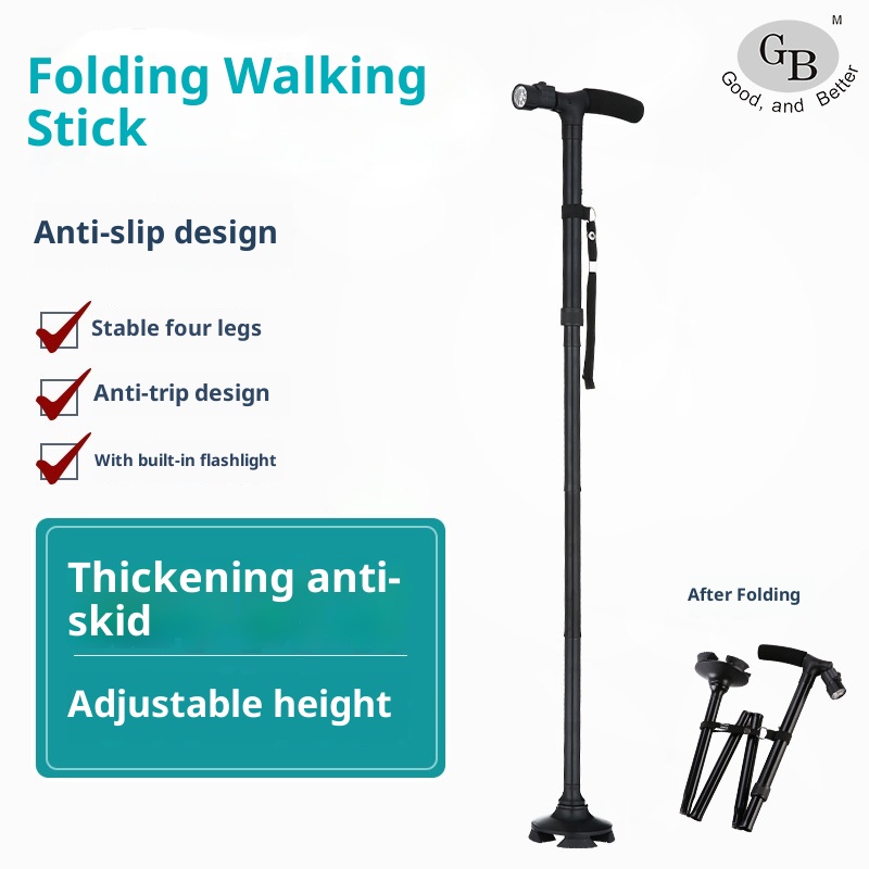 001 Bastone da passeggio pieghevole in lega di alluminio con luce per anziani, robusto bastone da passeggio a quattro angoli,_voghion.com