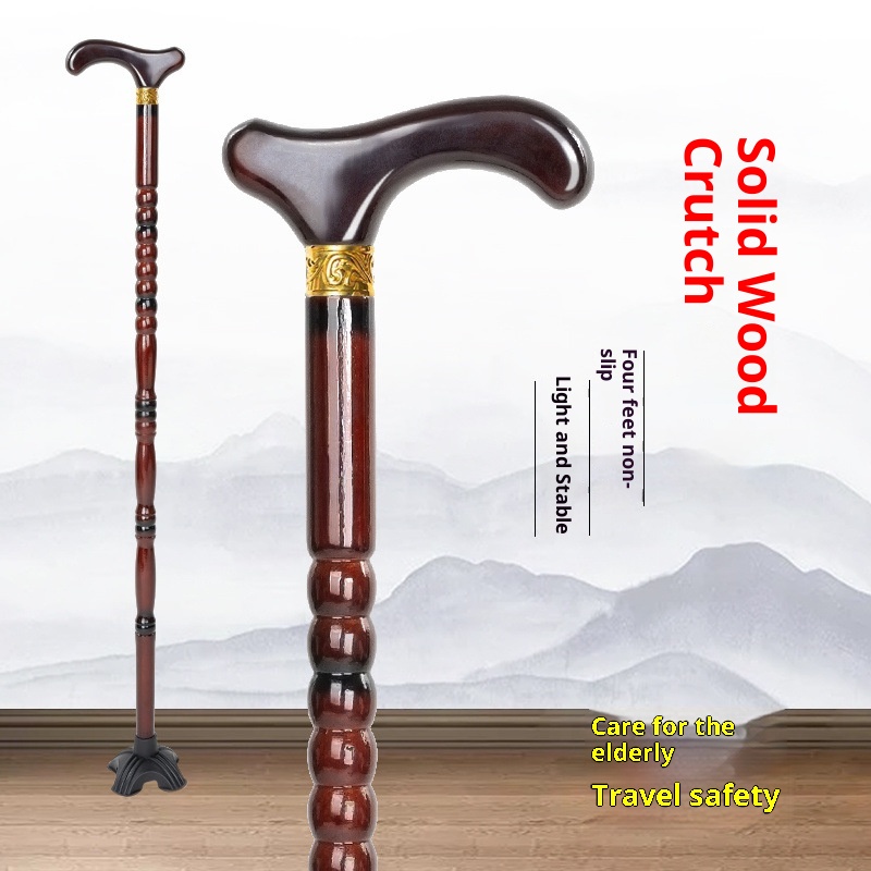 001 Bastone da passeggio in legno massello antiscivolo per anziani con impugnatura a forma di testa di drago, leggero, a quattro zampe, anticaduta_voghion.com