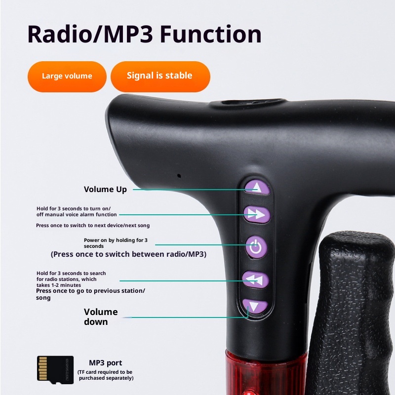 001 Multifunctional Smart Radio Elderly, Anti-Slip Telescopic Cane With Light, Aluminum Alloy Walking Stick For Seniors_voghion.com