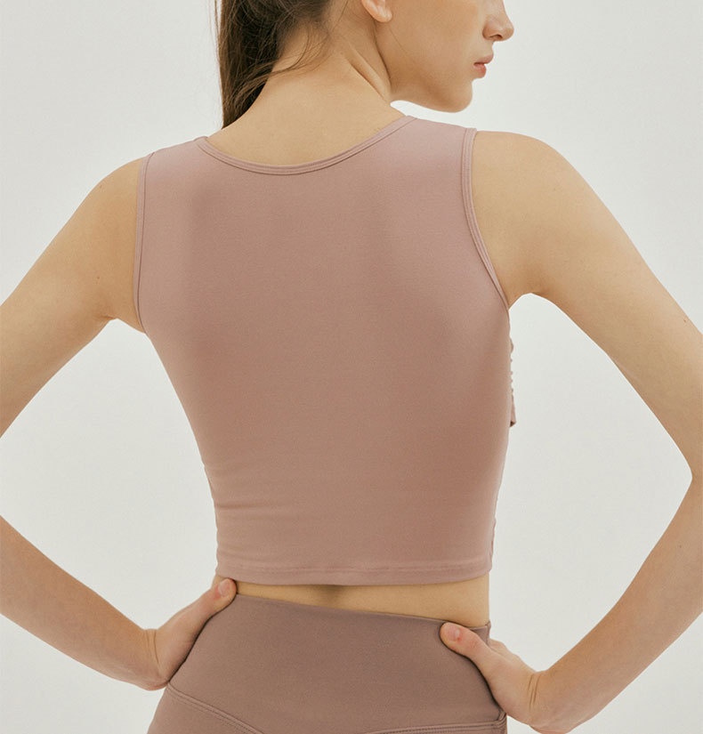 001 Summer New Short Sports Vest For Women Sleeveless T-Shirt Fitness Top Cross Ruched Slim Fit With Chest Pad Yoga Wear_voghion.com