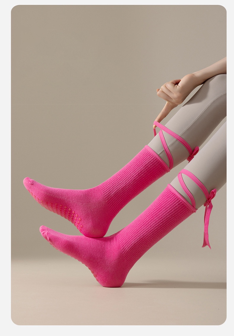 001 Calzini sportivi da yoga con lacci della serie Dopamine Color con suola antiscivolo per Pilates e danza indoor, a metà polpaccio_voghion.com