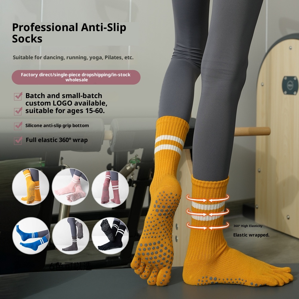 001 Autumn Winter Yoga Soft Comfortable Mid-Calf Pilates Indoor Fitness Sports Non-Slip Five-Toe Socks_voghion.com