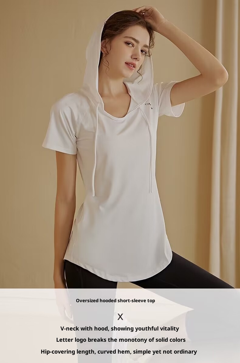 Camiseta deportiva de manga corta para mujer, holgada, adelgazante, de longitud media, con capucha, de secado rápido, para fitness y yoga._voghion.com