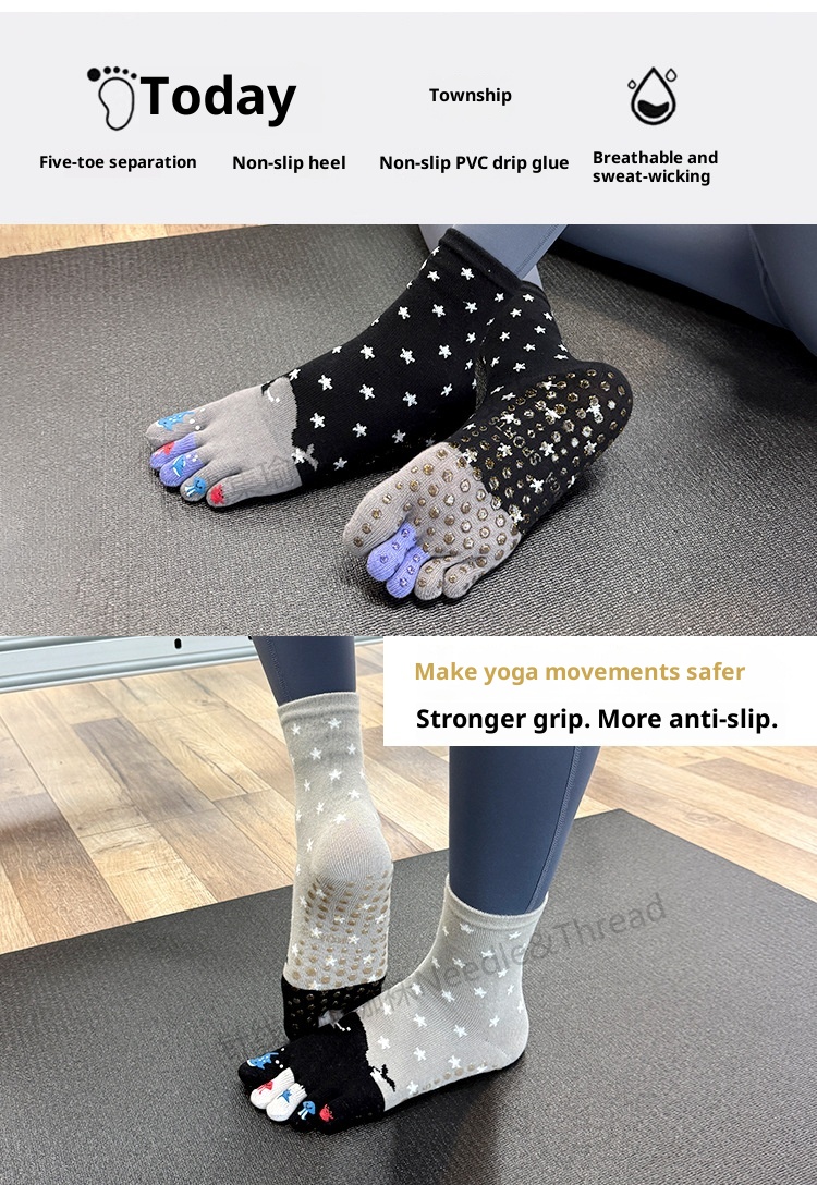 001 Calzini da yoga in cotone a cinque dita per donna, a metà polpaccio, autunno e inverno, nuovi separatori dita in gomma stampati con cartoni animati sportivi_voghion.com