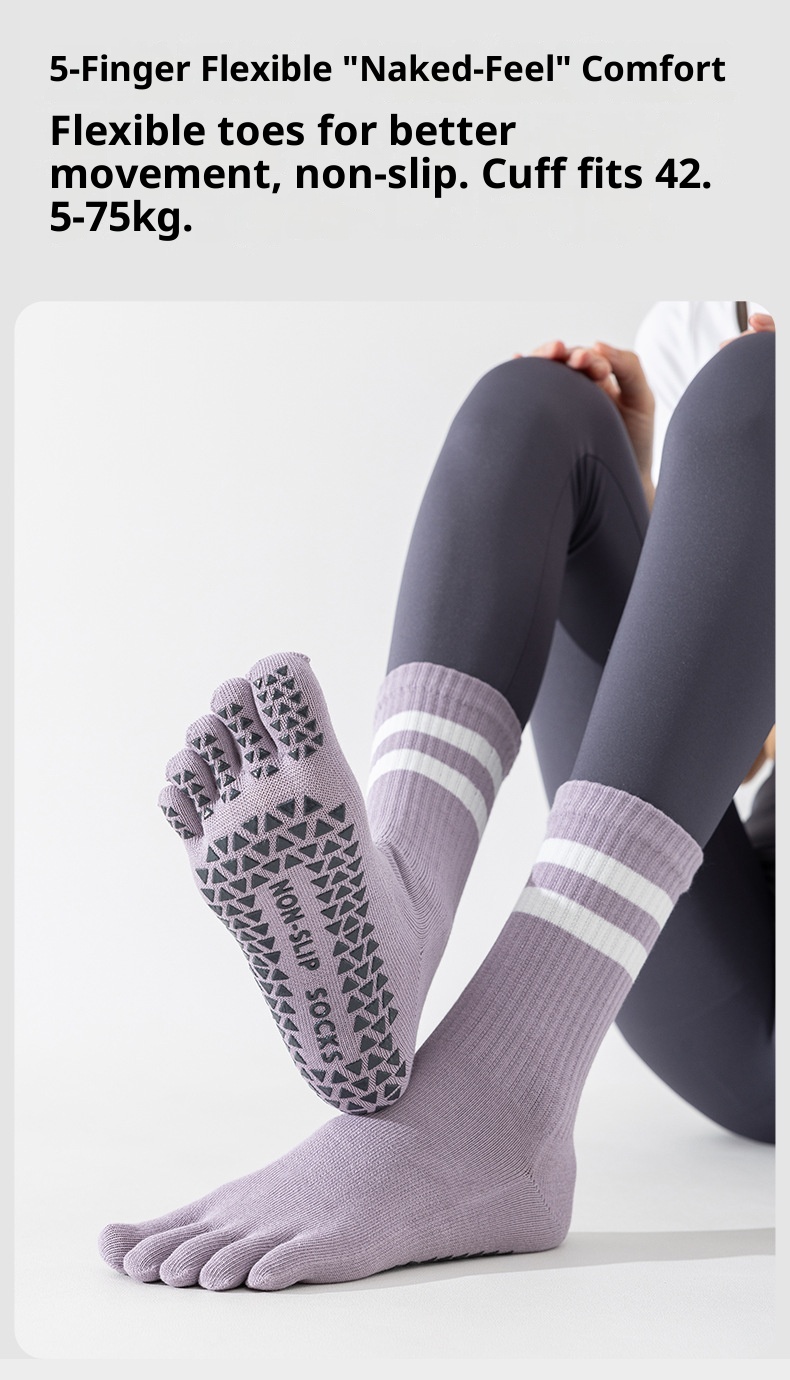 Chaussettes de yoga et de pilates d'intérieur Zhuji pour femmes, en pur coton, à cinq orteils, antidérapantes et tubulaires, avec séparateur d'orteils. Modèle 001._voghion.com
