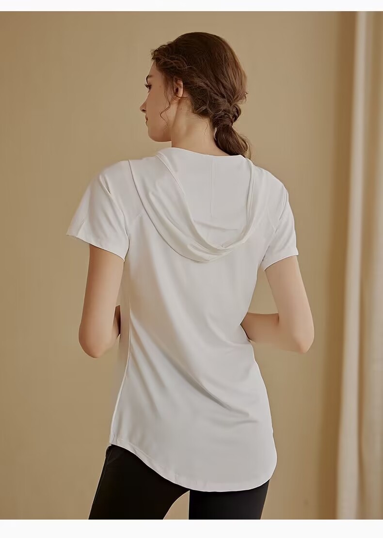 Camiseta deportiva de manga corta para mujer, holgada, adelgazante, de longitud media, con capucha, de secado rápido, para fitness y yoga._voghion.com