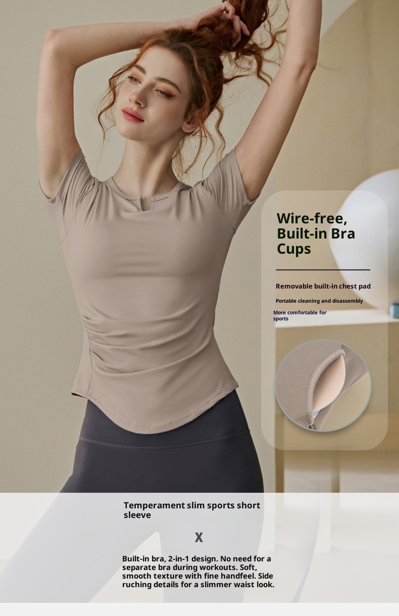 001 Yoga Top With Chest Pads For Women, Summer Pilates Training Sports Short Sleeve T-Shirt Set, High-End Fitness Shirt_voghion.com