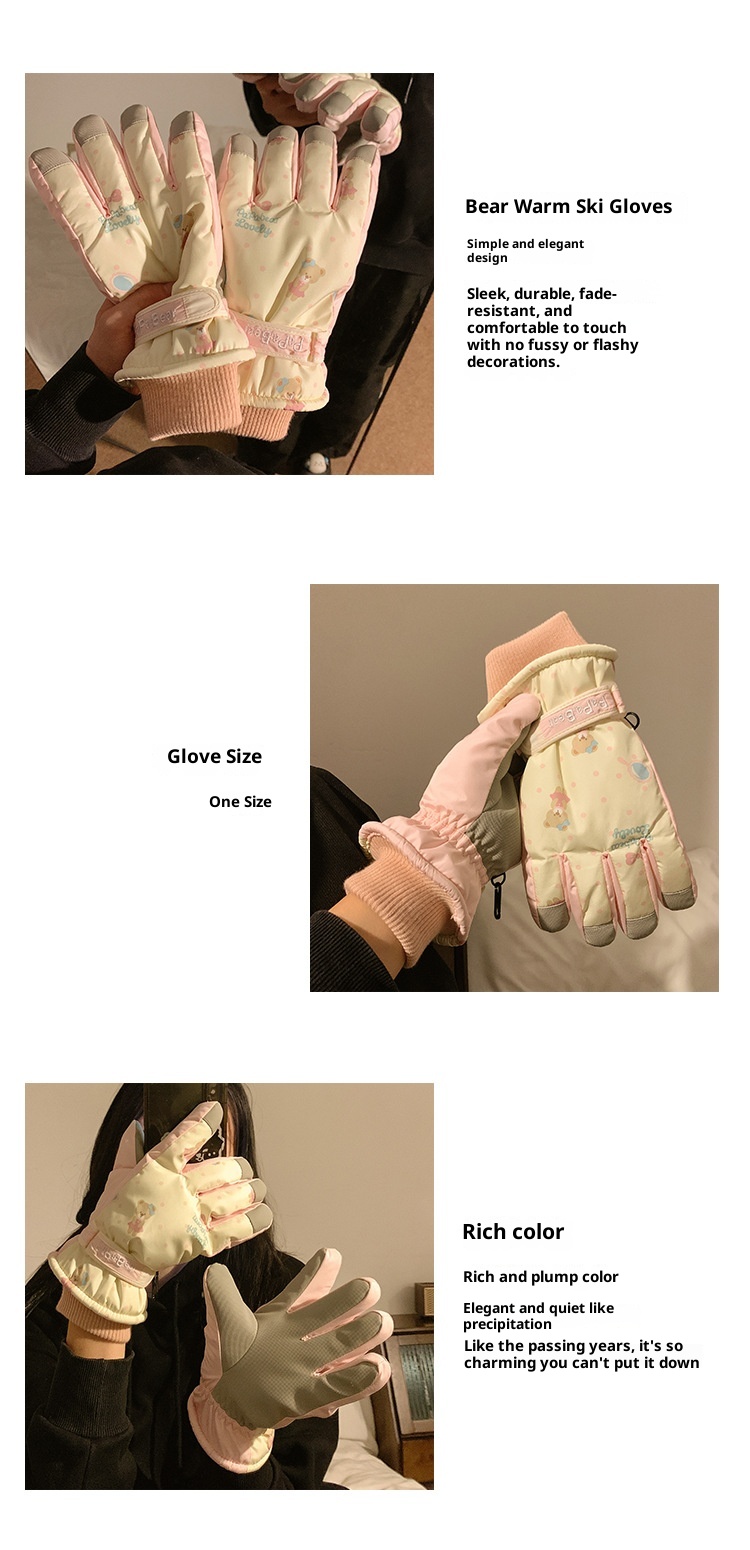 ActiveGo schattige roze beer skihandschoenen voor dames, winter touchscreen fleece, waterdicht, warm, 2024, winddicht, fietsen, buiten_voghion.com