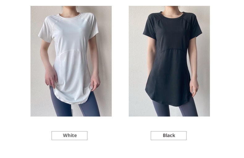 T-shirt de yoga 001 à manches courtes, idéal pour l'été. Coupe mi-longue couvrant les hanches, amincissant, séchage rapide et respirant. Parfait pour le sport et le fitness._voghion.com