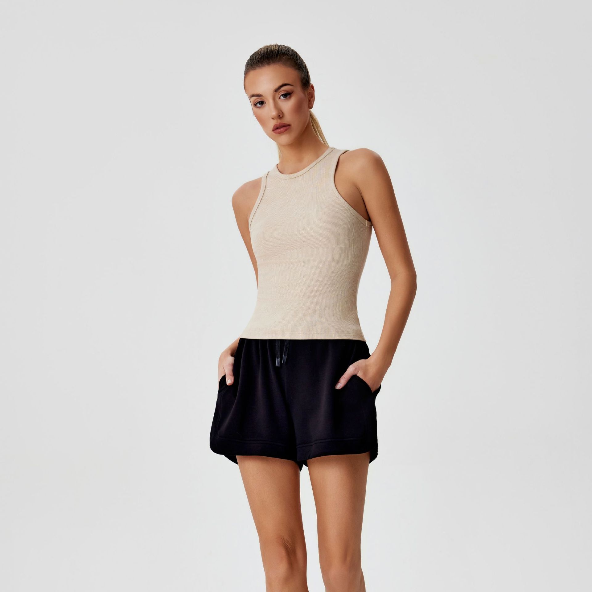 001 Cross-border Ribbed Shiny Silk Nude Top For Women, Sweat-absorbing Sports Sleeveless Vest, Round Neck Summer Outdoor_voghion.com