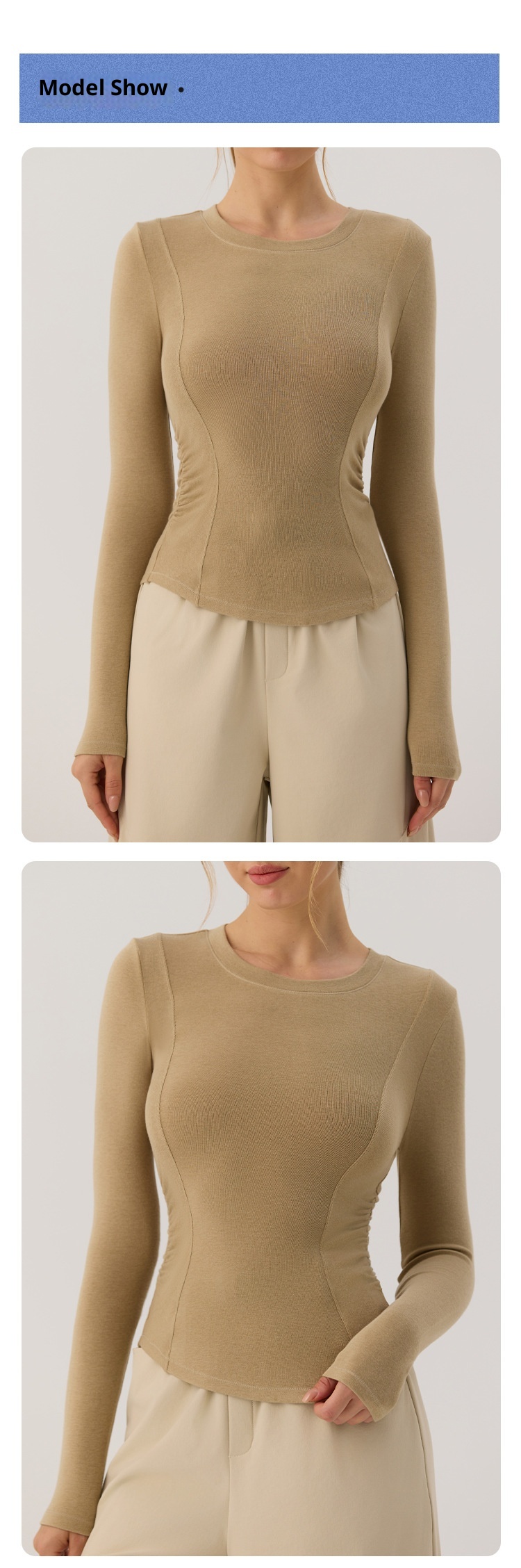 001 Nowa damska koszulka do jogi z długim rękawem i zaokrąglonym dołem, podkreślająca talię, obcisła koszulka do uprawiania sportu, biegania i fitnessu, jesień_voghion.com