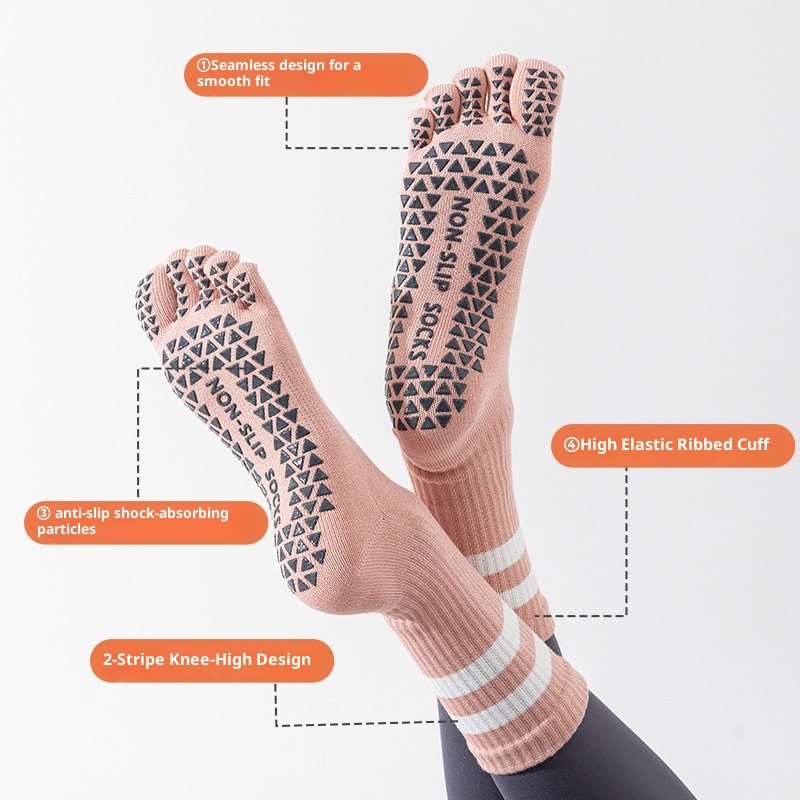 Chaussettes de yoga et de pilates d'intérieur Zhuji pour femmes, en pur coton, à cinq orteils, antidérapantes et tubulaires, avec séparateur d'orteils. Modèle 001._voghion.com