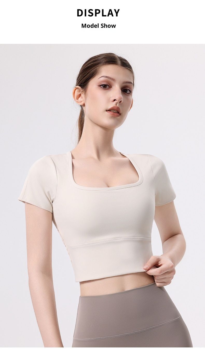001 Yoga With Chest Pads Women Sports T-Shirt Fitness Tops Quick-Drying Running Short-Sleeved Gym Pilates Training Clothes_voghion.com