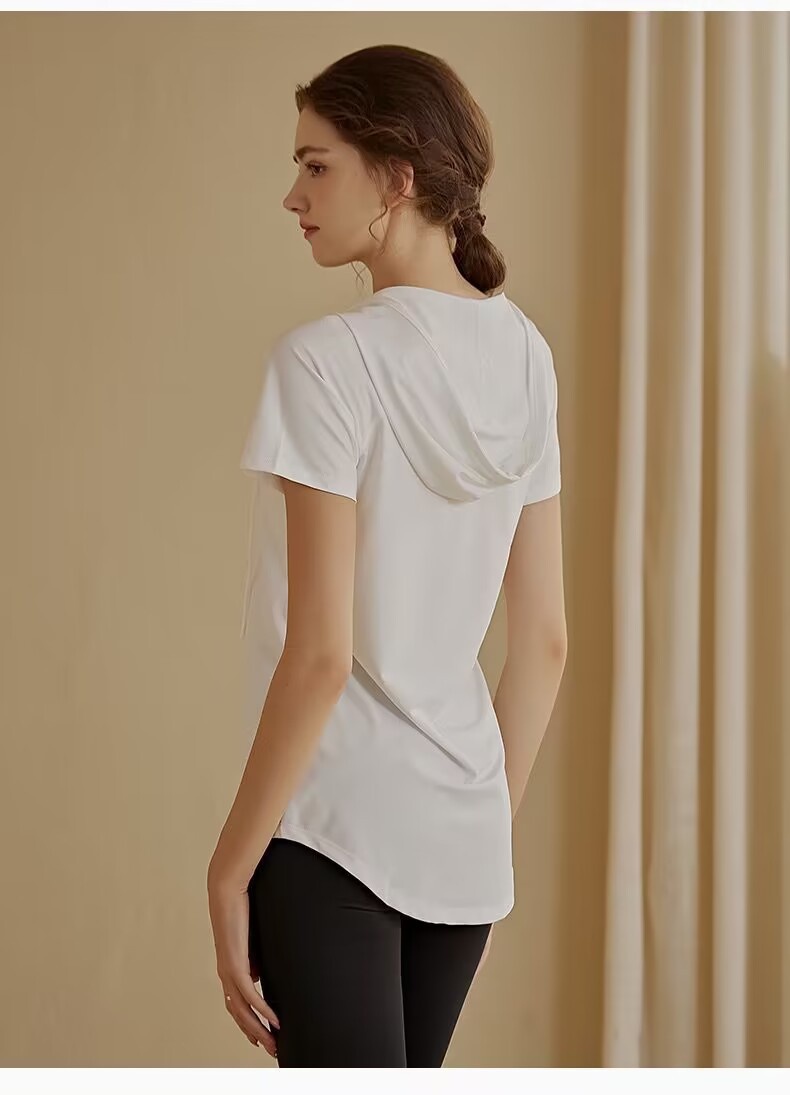 Camiseta deportiva de manga corta para mujer, holgada, adelgazante, de longitud media, con capucha, de secado rápido, para fitness y yoga._voghion.com