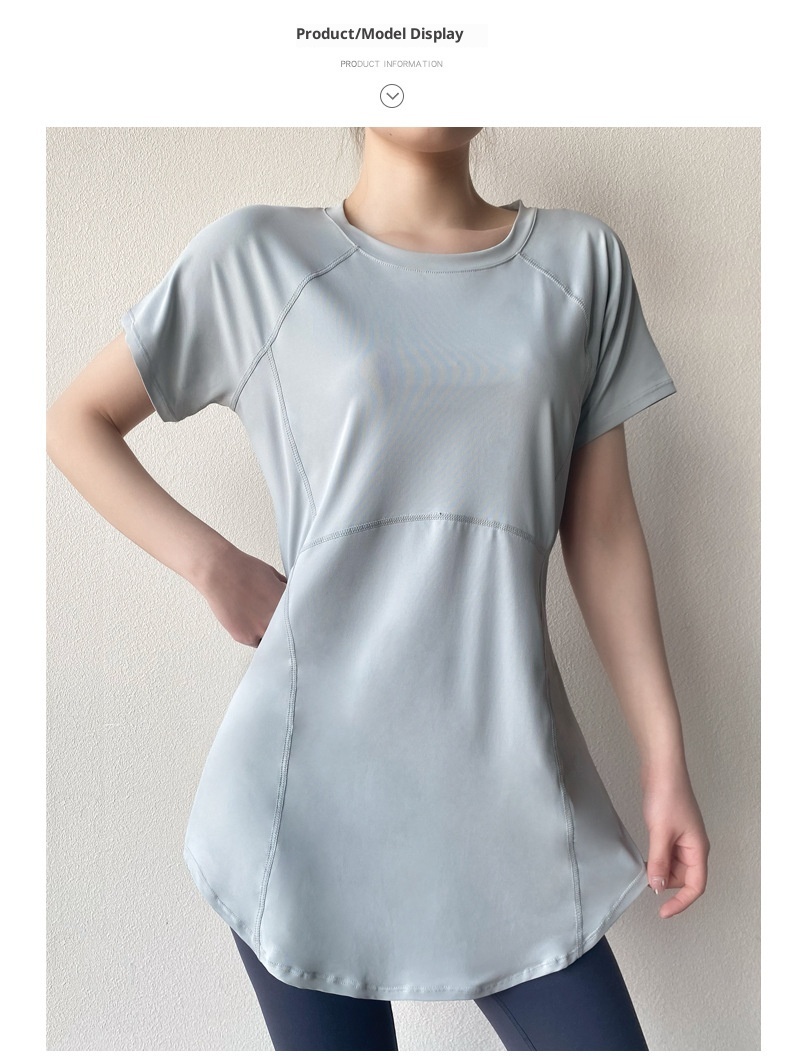 T-shirt de yoga 001 à manches courtes, idéal pour l'été. Coupe mi-longue couvrant les hanches, amincissant, séchage rapide et respirant. Parfait pour le sport et le fitness._voghion.com