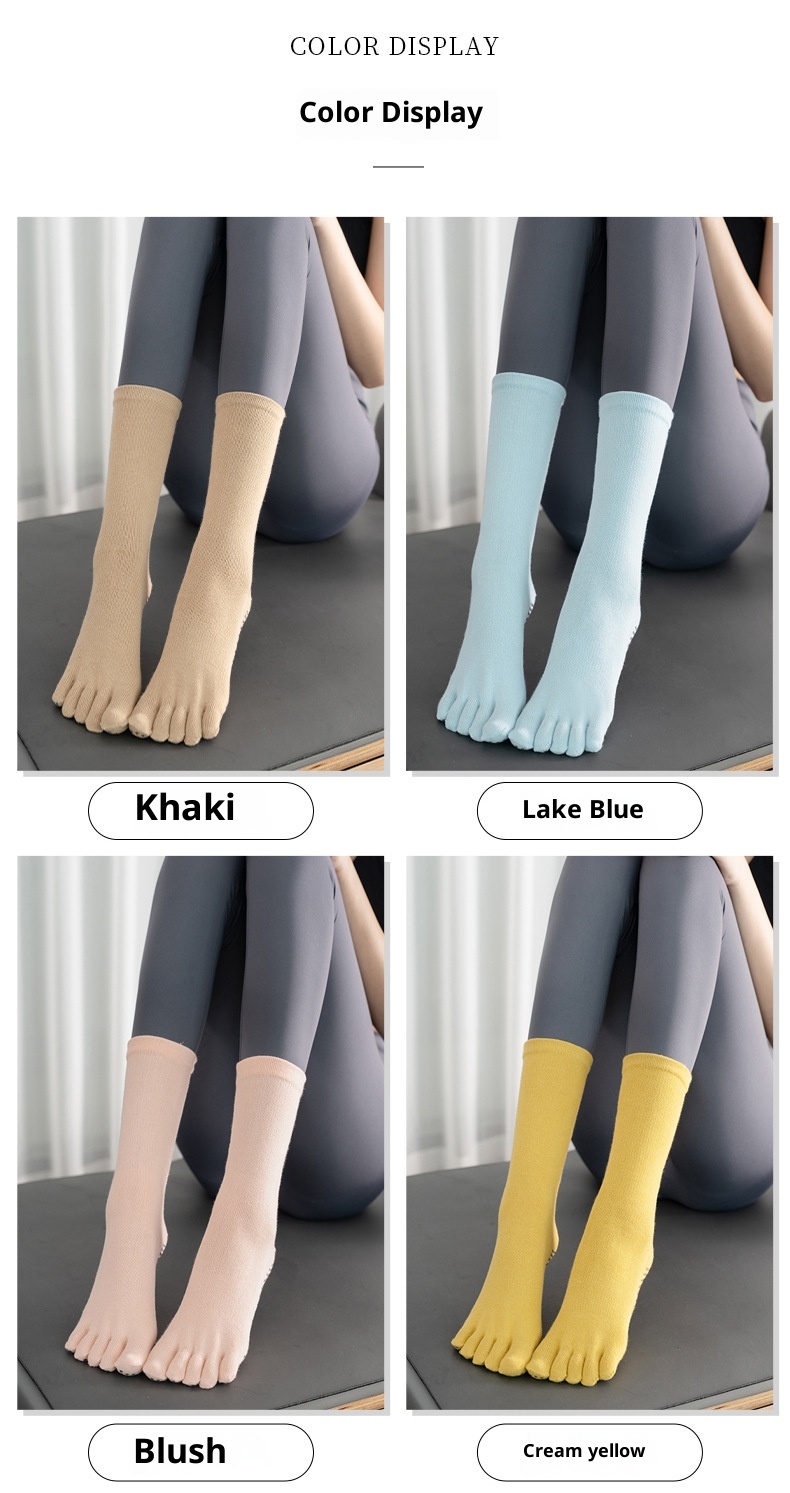Chaussettes de yoga et de pilates mi-mollet pour femmes, style sport, à dégradé de couleurs, orteils séparés, absorbantes et antidérapantes. Modèle professionnel._voghion.com