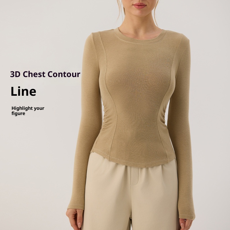 001 Nowa damska koszulka do jogi z długim rękawem i zaokrąglonym dołem, podkreślająca talię, obcisła koszulka do uprawiania sportu, biegania i fitnessu, jesień_voghion.com