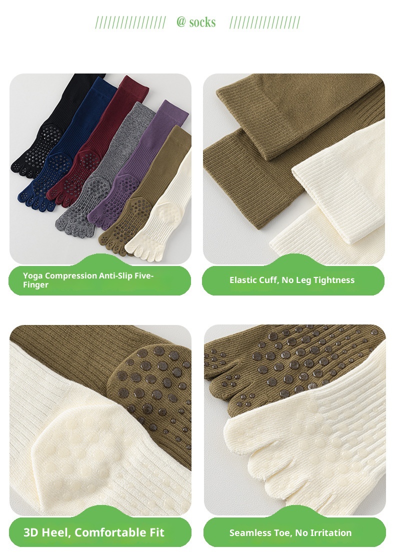Chaussettes de yoga Five Fingers pour femmes, chaussettes de sport tubulaires longues, compression antidérapantes, idéales pour le fitness et le Pilates._voghion.com