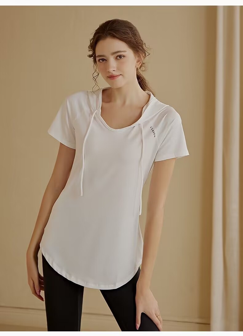Camiseta deportiva de manga corta para mujer, holgada, adelgazante, de longitud media, con capucha, de secado rápido, para fitness y yoga._voghion.com