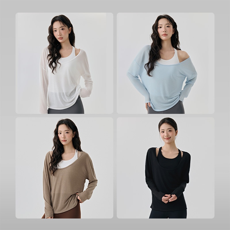 001 Yoga Suit For Women, High-End Layered Two-Piece Set, Breathable Long-Sleeve Top, Pilates Sports Vest With Chest Pads_voghion.com