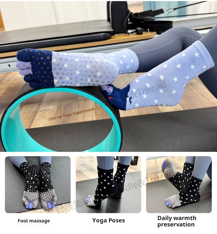 001 Calzini da yoga in cotone a cinque dita per donna, a metà polpaccio, autunno e inverno, nuovi separatori dita in gomma stampati con cartoni animati sportivi_voghion.com