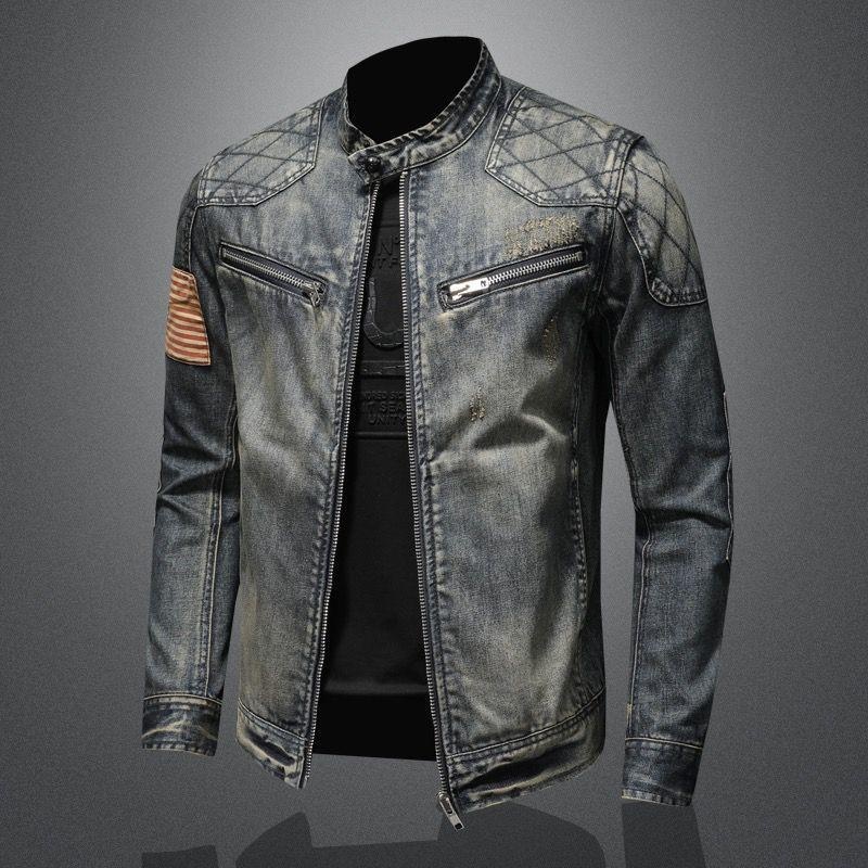 ActiveGo ActiveGo 2024 Spring Autumn Retro Denim Men's Trendy Brand European And American Street Style Motorcycle Workwear Stand Collar_voghion.com