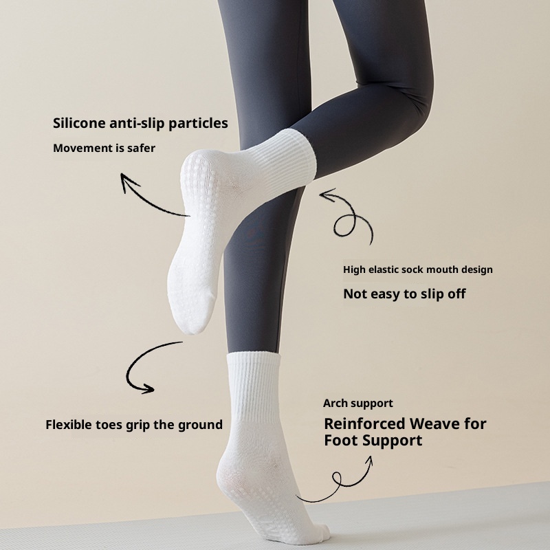 Chaussettes de sport mi-mollet en silicone antidérapant 001 pour femmes, idéales pour le yoga, le fitness au sol et le Pilates. Modèle long et polyvalent pour femmes._voghion.com