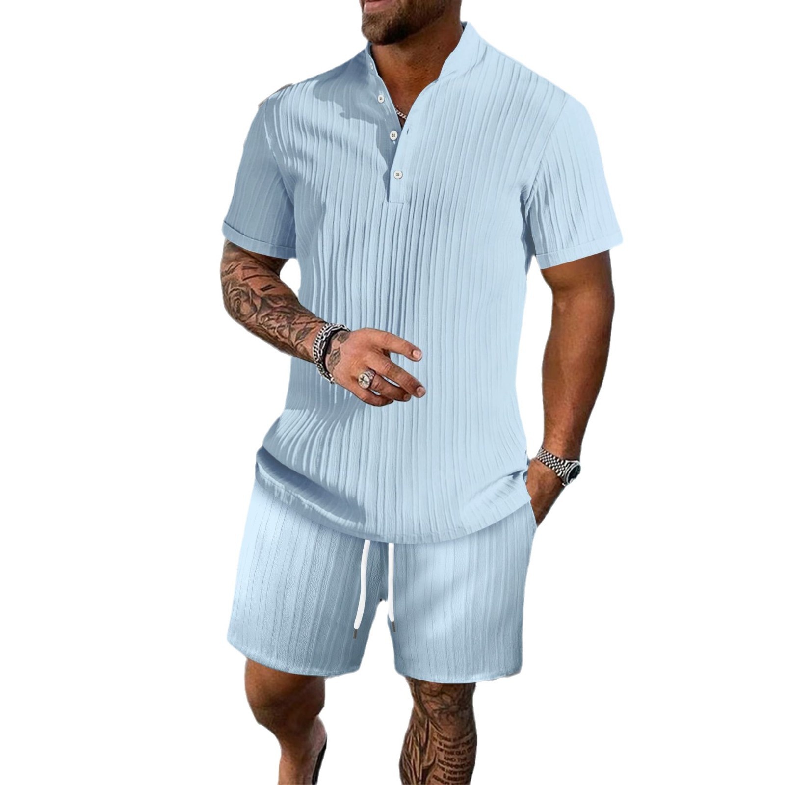 ActiveGo ActiveGo 2024 Estate Europeo e Americano Transfrontaliero Uomo Camicia Casual Manica Corta Pantaloncini Set da Spiaggia_voghion.com