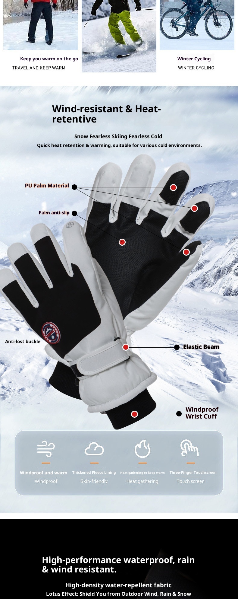 ActiveGo Outdoor Sports High-Value Couple Style Ski Thickened Fleece-Lined Warm Mountaineering Cycling Touchscreen Gloves_voghion.com