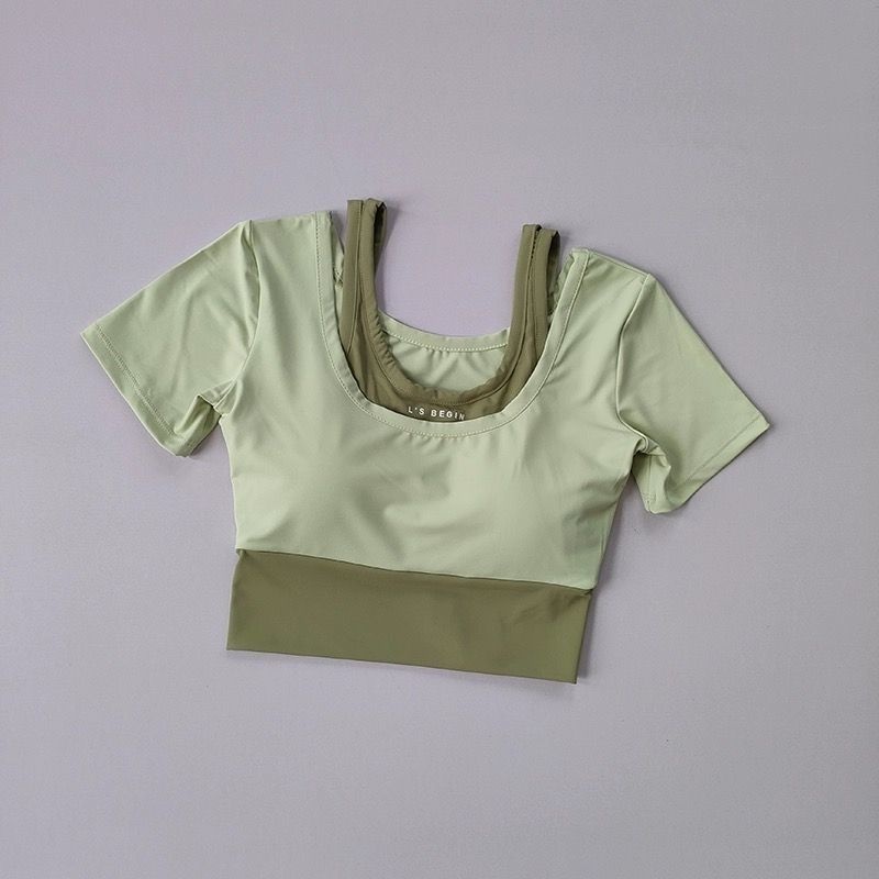 001 Pantaloncini sportivi da yoga a maniche corte con imbottitura sul petto, set da corsa traspirante per donna, estate, sottile_voghion.com